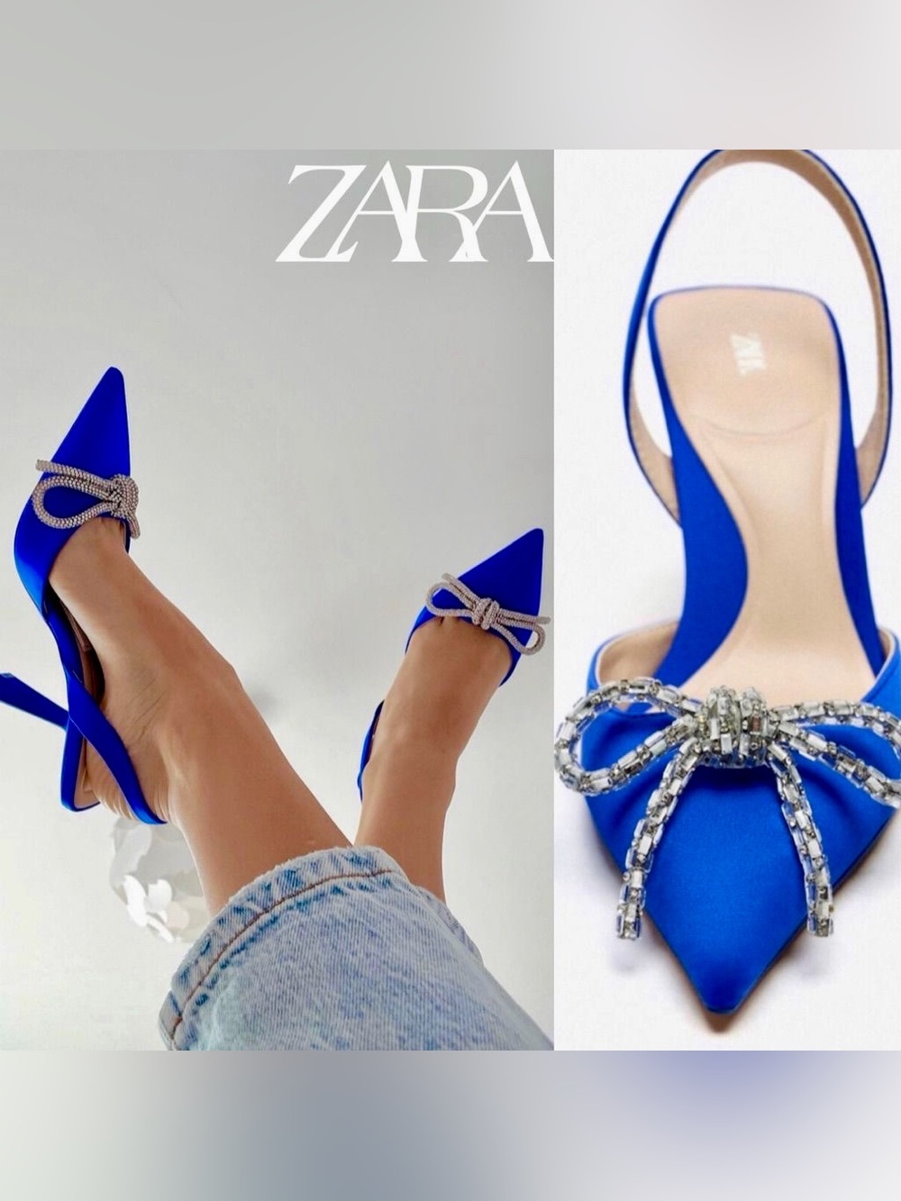 Zara Cobalt Blue Crystal Bow Slingback Heels | EU 37 | US 6.5 | NWT - Picture 3 of 9
